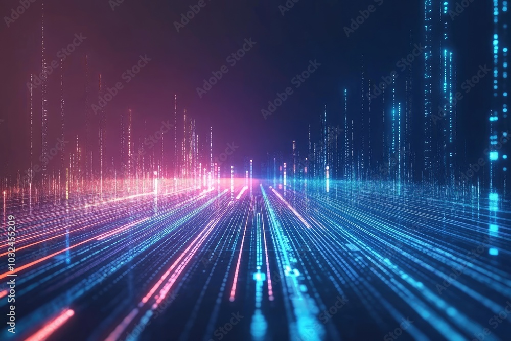 Poster vibrant digital light trails create a dynamic abstract background for technology, data, or futuristi