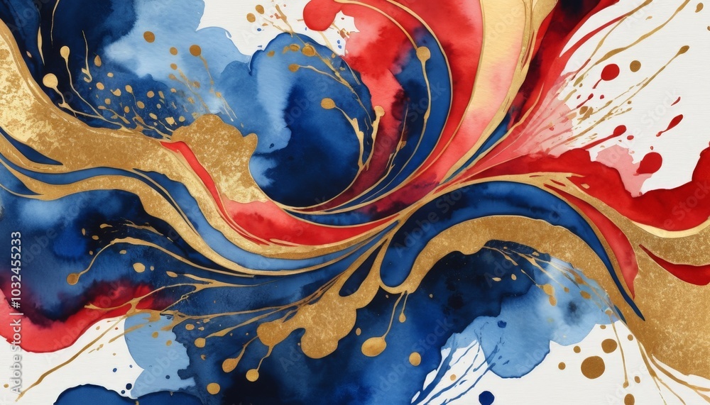 Aufkleber swirling watercolor patterns of deep red and blue intertwine with rich gold accents, creating a live