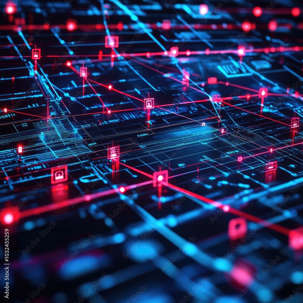 Poster futuristic digital network with vibrant nodes and glowing connections, representing data flow and te
