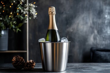 Elegant champagne bottle chilling in ice bucket for celebration and festive occasion
