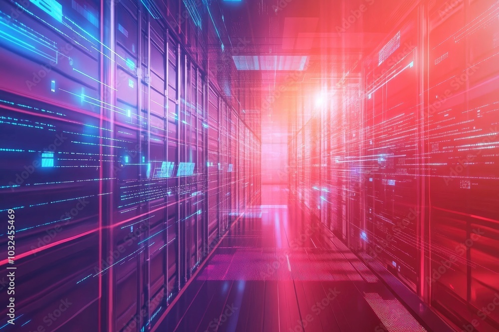 Poster a futuristic server room with vibrant lights and data flows representing advanced technology and dig