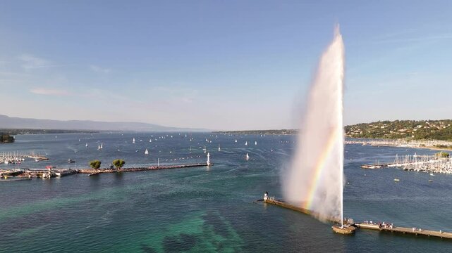 Aerial view of Jet d'Eau (Water-Jet) fountain in Geneva, Switzerland