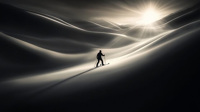 A lone skier traverses a snowy landscape bathed in sunlight.