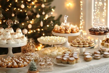 Festive holiday dessert spread with elegant christmas decorations and twinkling lights