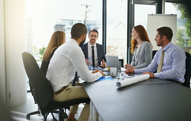 Manager, investor or corporate business people in meeting with group for feedback, discussion or...