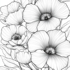Detailed outline drawing of poppy flowers and buds with leaves, perfect for coloring pages and floral design projects