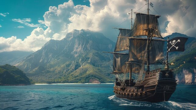 The Jolly Roger Sails Through a Mountainous Archipelago