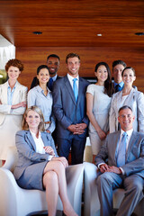 Portrait, leadership and group of business people in office together with diversity, smile and...