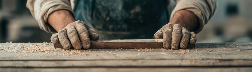 Carpenter using a woodworking plane, shaving thin layers off a wooden plank, carpenter, woodworking plane