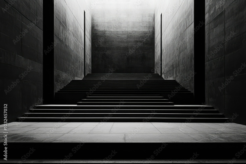 Poster concrete stairway leading up towards a light source in a minimalist architectural setting
