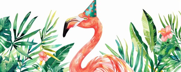Naklejka premium Watercolor Flamingo with Tropical Leaves and Party Hat - A Celebration in Paradise
