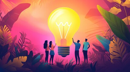 A creative team gathers around a glowing light bulb, symbolizing innovation and fresh ideas for future projects, set in a vibrant, collaborative environment.
