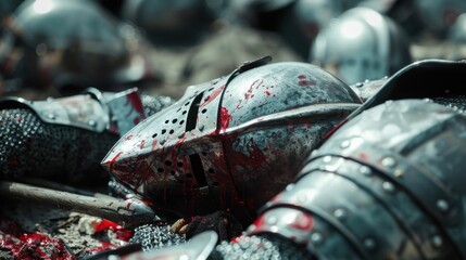 Medieval battle aftermath with shiny armor and red stains on the ground, showcasing a dramatic scene of conflict and valor Soldiers helmets lay scattered in chaos