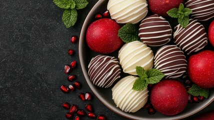 A delightful assortment of chocolate truffles, featuring red and white varieties, garnished with mint leaves, served in a bowl atop a dark surface.