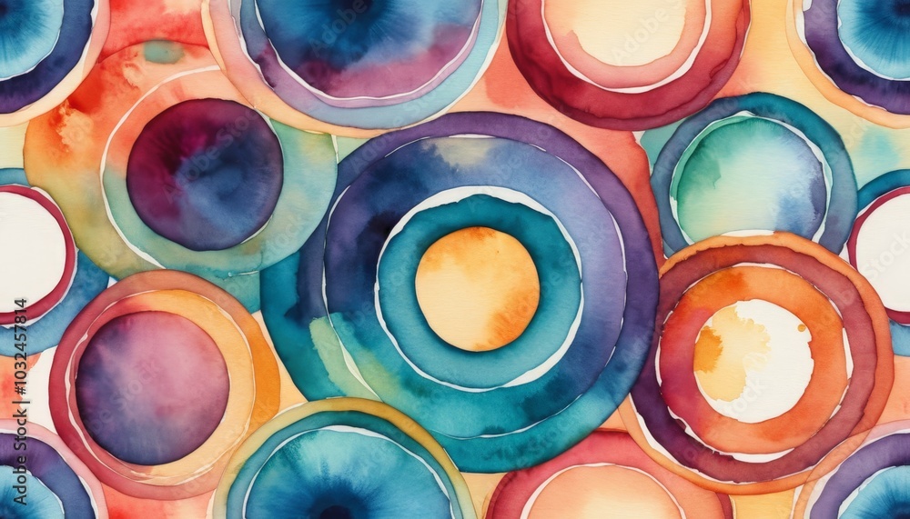 Aufkleber a lively composition of overlapping watercolor circles in a range of colors creates a dynamic and pl