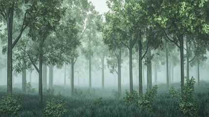 A foggy, mysterious forest with towering green trees, evoking a sense of wonder and natural beauty in an eerie atmosphere.