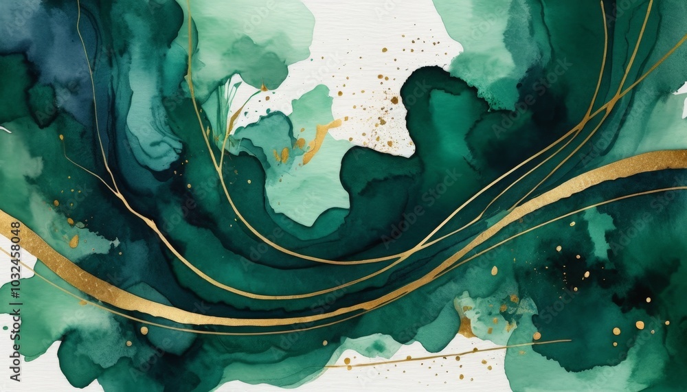 Poster flowing watercolor waves of rich green hues merge seamlessly with delicate golden lines, creating an