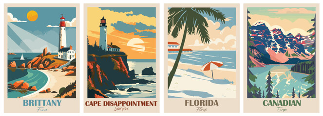 Beach, Florida, Brittany, France, Cape Disappointment, State Park, canadian. Vintage Travel Poster. Vector illustration. High quality prints