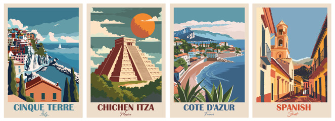 Cote d'azur, France, Colonial spanish, Cinque Terre, Italy, Chichen Itza Mexico. Vintage Travel Poster. Vector illustration. High quality prints