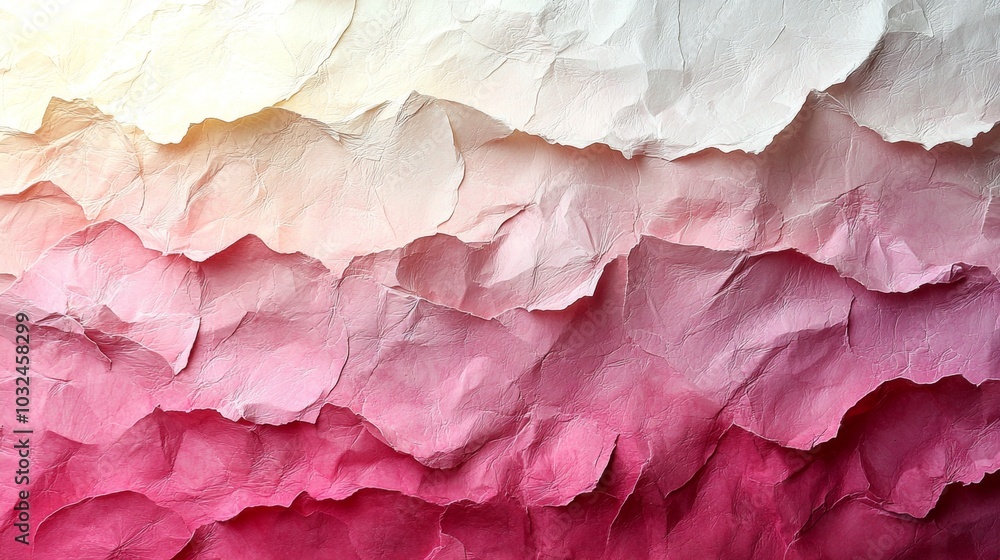 Poster colorful crumpled paper forming a textured background, featuring a gradient of pink and white tones,