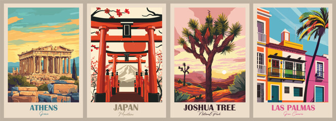Las Palmas, Gran Canaria, Canary Islands, Joshua Tree National Park, Japan, Mountain, Greece, Athens, Vintage Travel Poster. Vector illustration. High quality prints