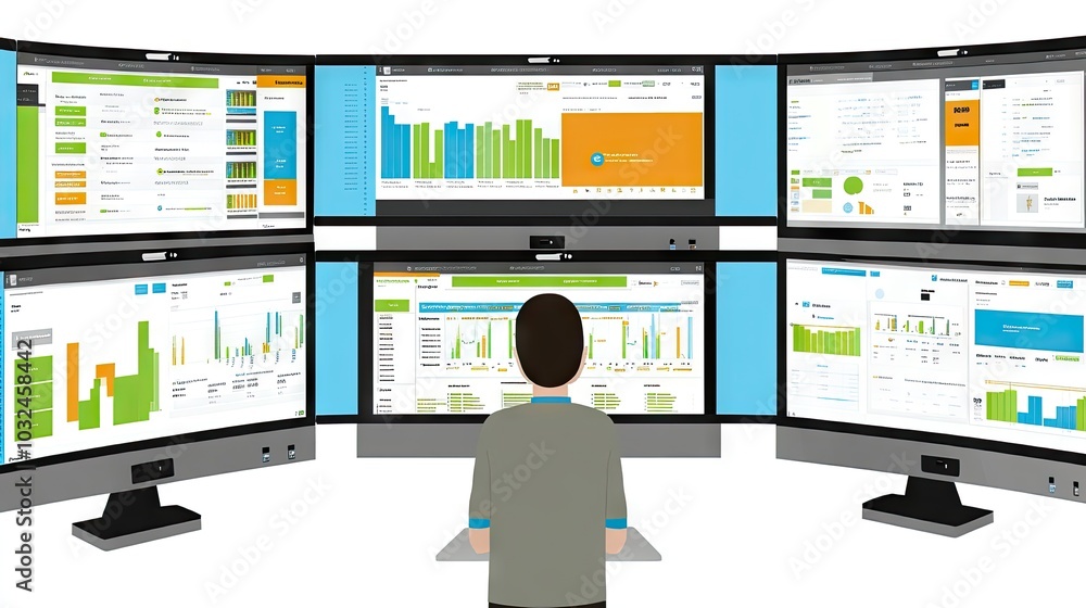 Poster a computer data center specialist working in front of several monitors, analyzing real-time data and
