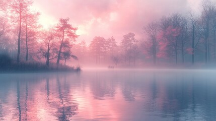 Fototapeta premium Pink and purple sunrise is reflecting on the surface of a misty lake, silhouettes of trees are standing in the foggy background