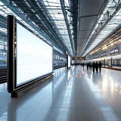 Fototapeta premium Modern train station with bright advertising spaces, people walking, and sleek architecture, creating a dynamic travel atmosphere.