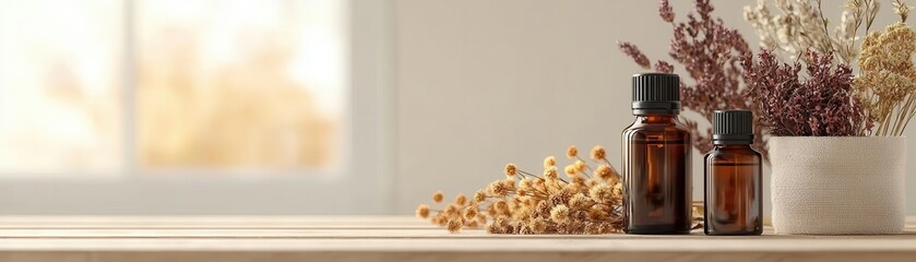 Essential oils and dried flowers on a wooden table, holistic healing setup, 3D illustration