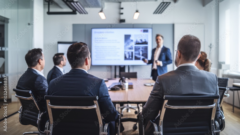 Poster group meeting in a modern office setting with presentation on screen.