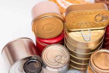 Food Reserves: Canned Food, Spaghetti, Pate, Tuna, Tomato Juice, Pasta, Fish and Grocery. Emergency Food Storage in Case of Crisis. Strategic Food Supplies