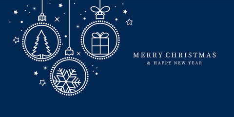 Christmas balls border isolated on a blue background. Christmas card with holidays decoration.Christmas balls border . Merry Christmas and Happy New Year background.
