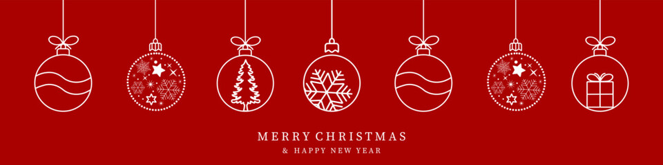 Christmas balls border isolated on a red background. Christmas card with holidays decoration.Christmas balls border . Marry Christmas and Happy New Year background.