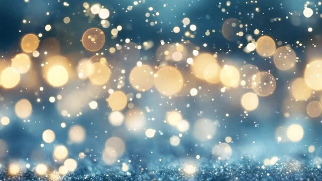 Snow falling over bokeh lights, creating peaceful winter scene in blue and beige tones. Holiday season.