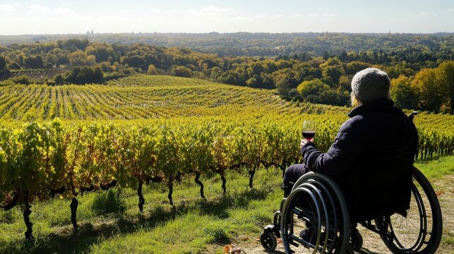 A person in a wheelchair visiting a vineyard, tasting wine and admiring the vast fields of grapevines