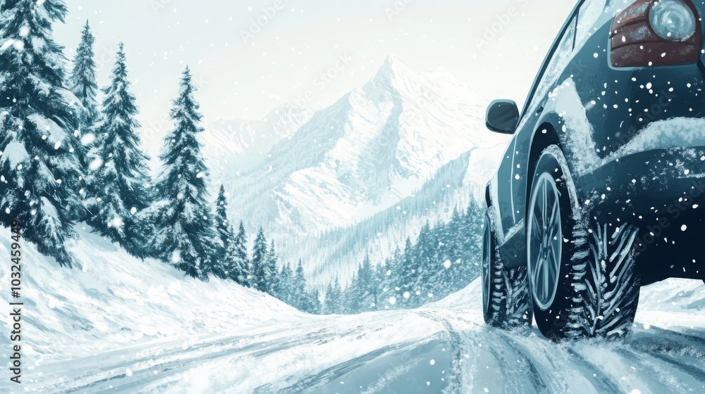 Poster A vehicle makes its way along a snow-covered road in a mountainous region. Pine trees line the route as snowflakes softly fall, creating a serene winter atmosphere.