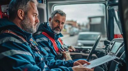 Obraz premium Two paramedics are in the cab of the ambulance car one of those men writing a prescription on a paper - Emergency and health care concept - Models by AI generative