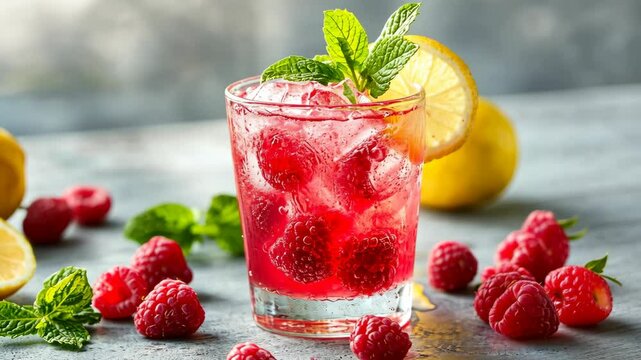 A refreshing raspberry lemonade with a sprig of mint, perfect for a summer day