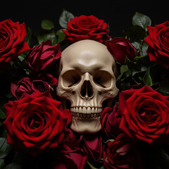 Vibrant skull with red roses, gothic style, detailed bone & lush flowers, vivid colors, memento mori