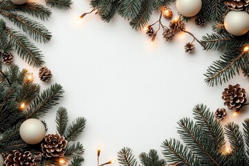 Christmas tree branches with soft lights, muted green and yellow, floating on a white background