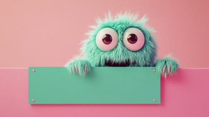 A joyful fluffy monster looks over a mint green sign on a pink backdrop, bringing a sense of fun and whimsy to any design.