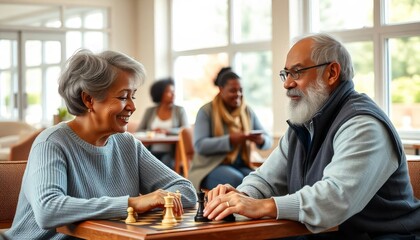 Seniors enjoy a friendly chess match at a cozy café during the afternoon, surrounded by a cheerful atmosphere and fellow patrons engaging in conversation