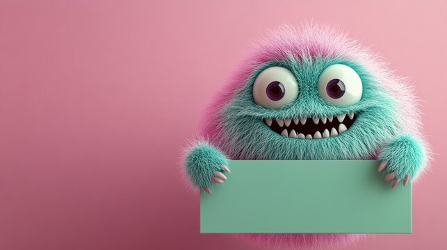 A joyful fluffy monster looks over a mint green sign on a pink backdrop, bringing a sense of fun and whimsy to any design.