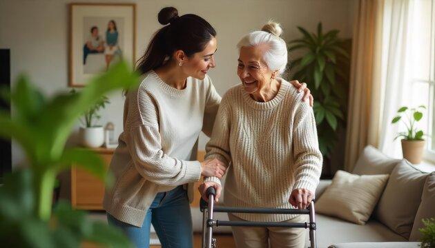 A joyful moment between a senior woman and her caregiver in a cozy living room during the afternoon, both smiling while engaging warmly with each other