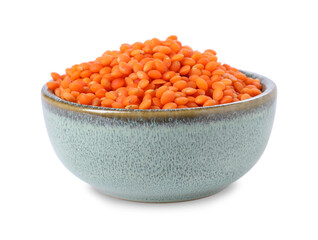 Raw lentils in bowl isolated on white