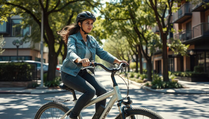 Obraz premium A senior woman enjoys a leisurely bike ride on a sunny day through a tree lined neighborhood with vibrant greenery and modern architecture