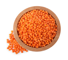 Raw lentils in bowl isolated on white, top view