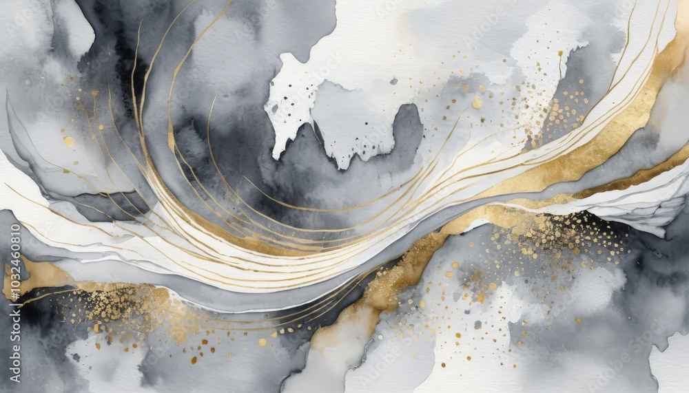 Poster an enchanting watercolor composition features swirling patterns of gray and gold, creating a mesmeri