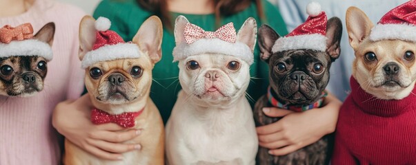 Family fun with group hugs, pets at the party wearing festive accessories