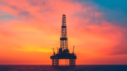 A supreme oil drilling rig silhouetted against a stunning sunset, showcasing industrial technology and oceanic exploration.